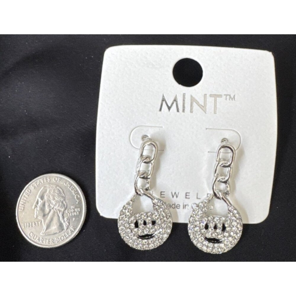 Mint Rhinestone Faux Silver Chain Coin Dangle Drop CZ Fashion Earrings 1.4" NEW